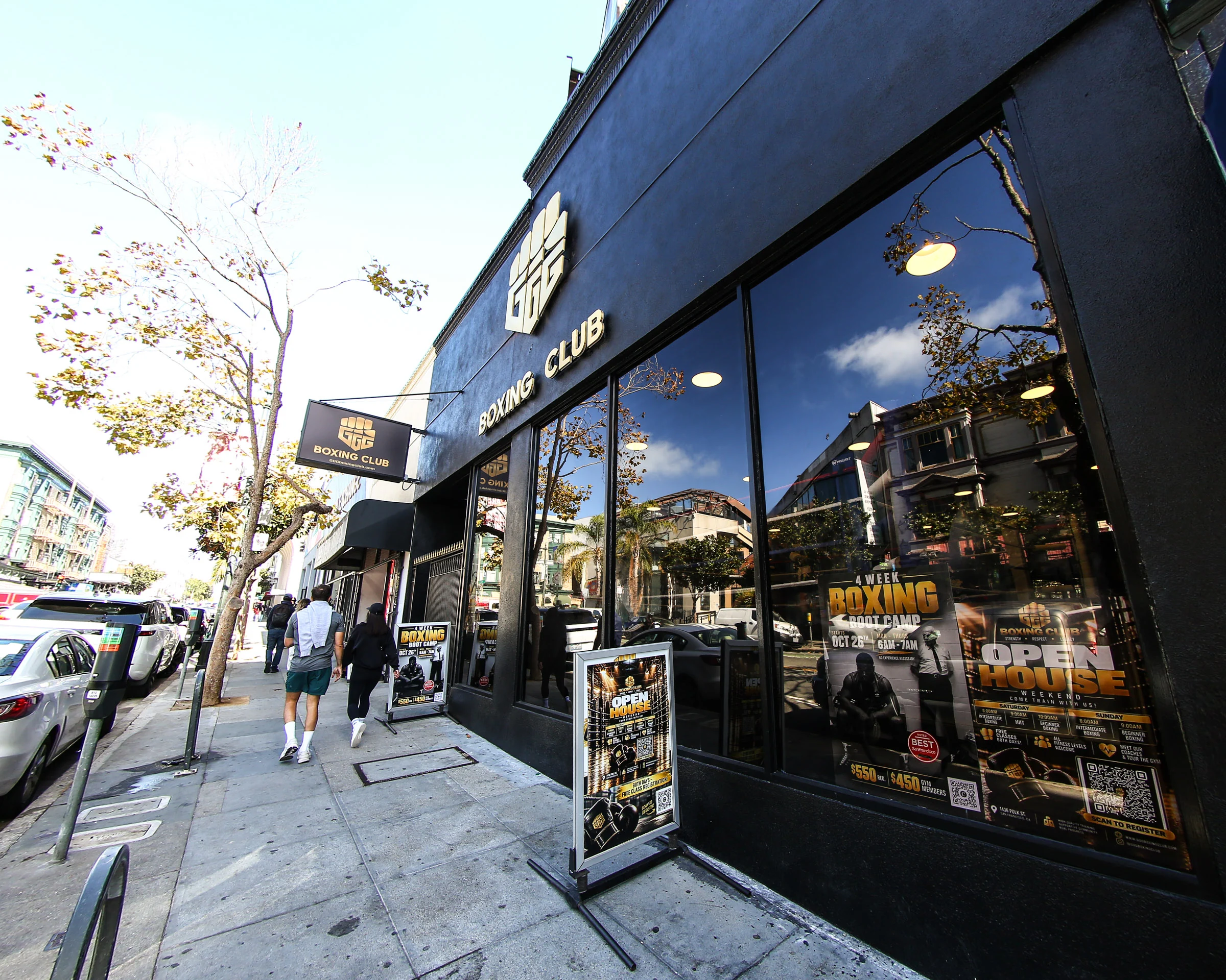 GGG Boxing Club's black storefront and gold sign on Polk Street